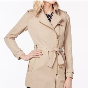 Micheal Kors Sateen Tie Front Zip Up Midi Trench